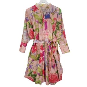 Powder Floral Button-Front Belted Shirt Dress in Pink